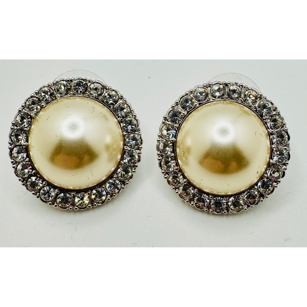 Vintage Style Faux Pearl Crystal Halo Stud Post Earrings Silver Tone Round